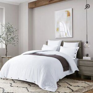 MeadowPark White Queen Duvet Cover w/ 2 Pillow Shams Cute Button Detail